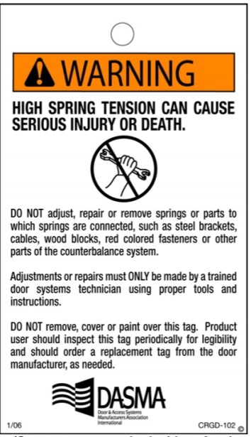 Garage Door Spring Warning Label